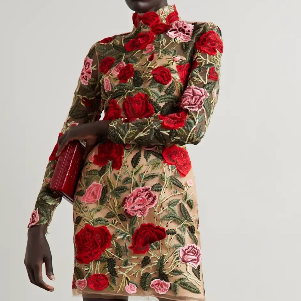 Floral Embroidered High Neck Mini Dress, (NOT Oscar de la Renta), Luxury Mini - Picture 8 of 14